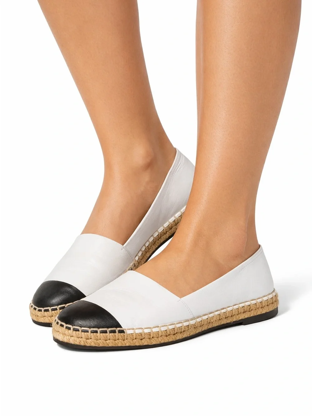 Women's White Leather Espadrille Flats with Black Cap Toe